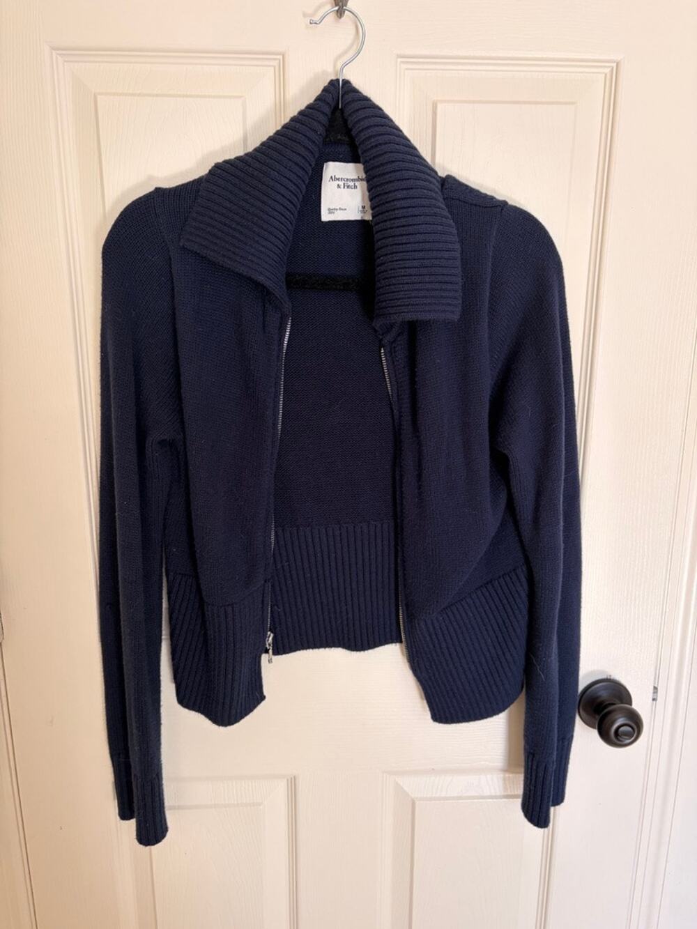 Abercrombie Navy Full Zip Cardigan Sweater Wide Collar M Y2K